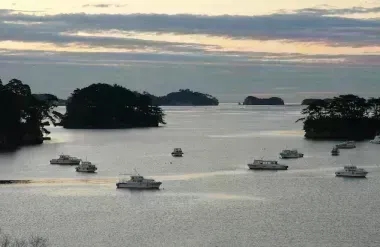 Boats on Matsushima Bay at dusk
