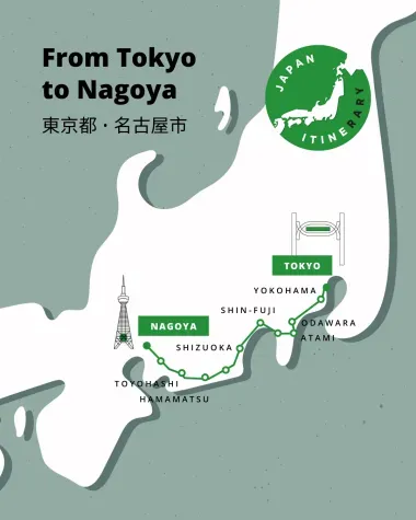 Train route and its station from Tokyo to Nagoya 