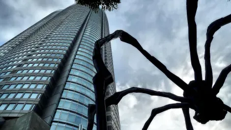 At the foot of the Mori Tower in Roppongi, the Mummy, bronze sculpture by the French-American Louise Bourgeois spider.