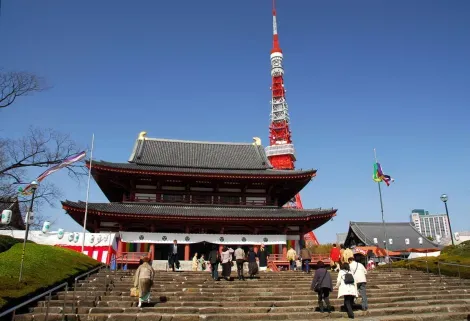 Famosa imagen de Zojo-ji y la torre de Tokio