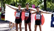 Japanese runners Arai (silver medal), Kobayashi (bronze medal) and Maruo (fifth) at the track and field world championships in August 2017 in London